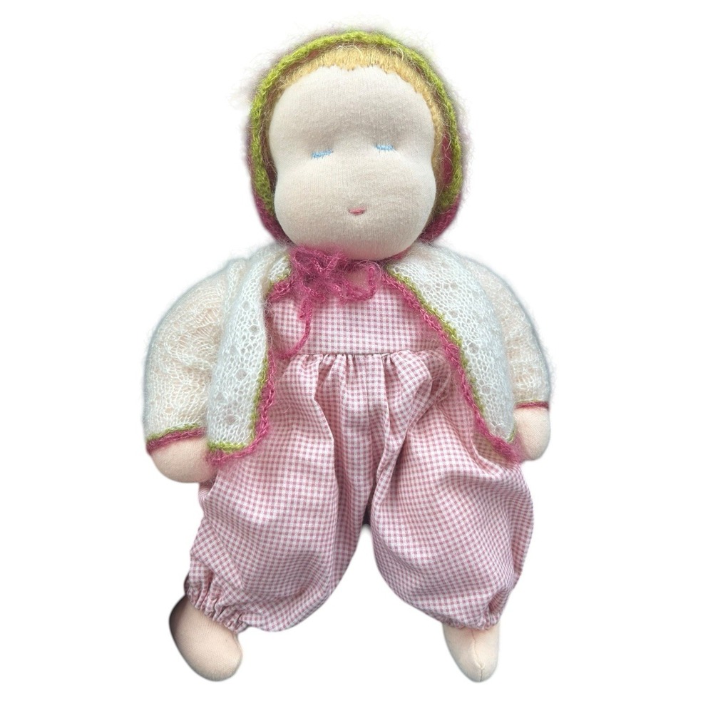 Waldorf Doll Cloth Handmade Blonde Girl Baby Blue Eyes Pink Outfit Soft Body 11"